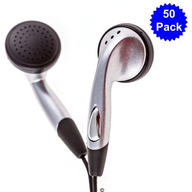 50 Pack Silver School Earbuds for education, perfect bulk headphones for classroom and learning centers.